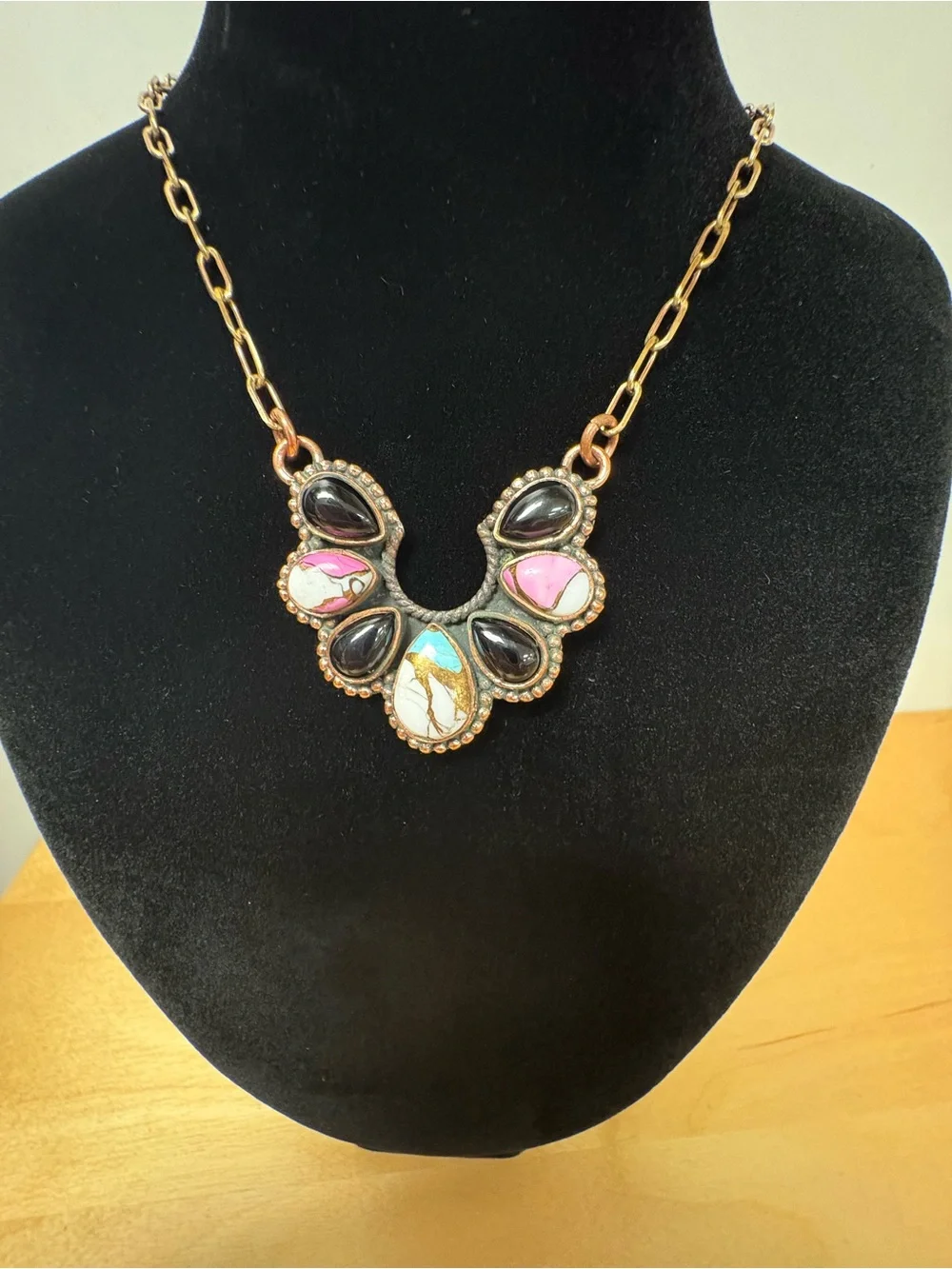 Copper Multicolor Naja Statement Necklace in cotton candy and black onyx